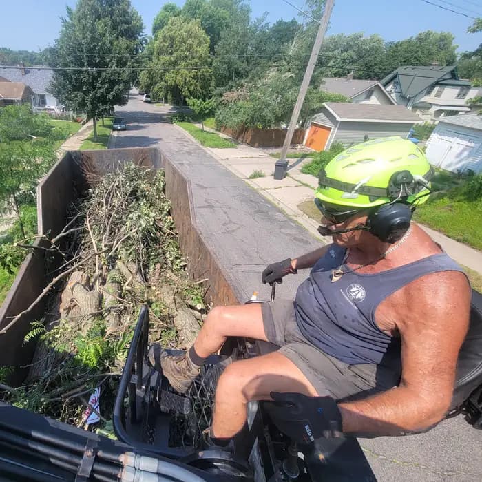 Loading brush into the truck from up in the bucket